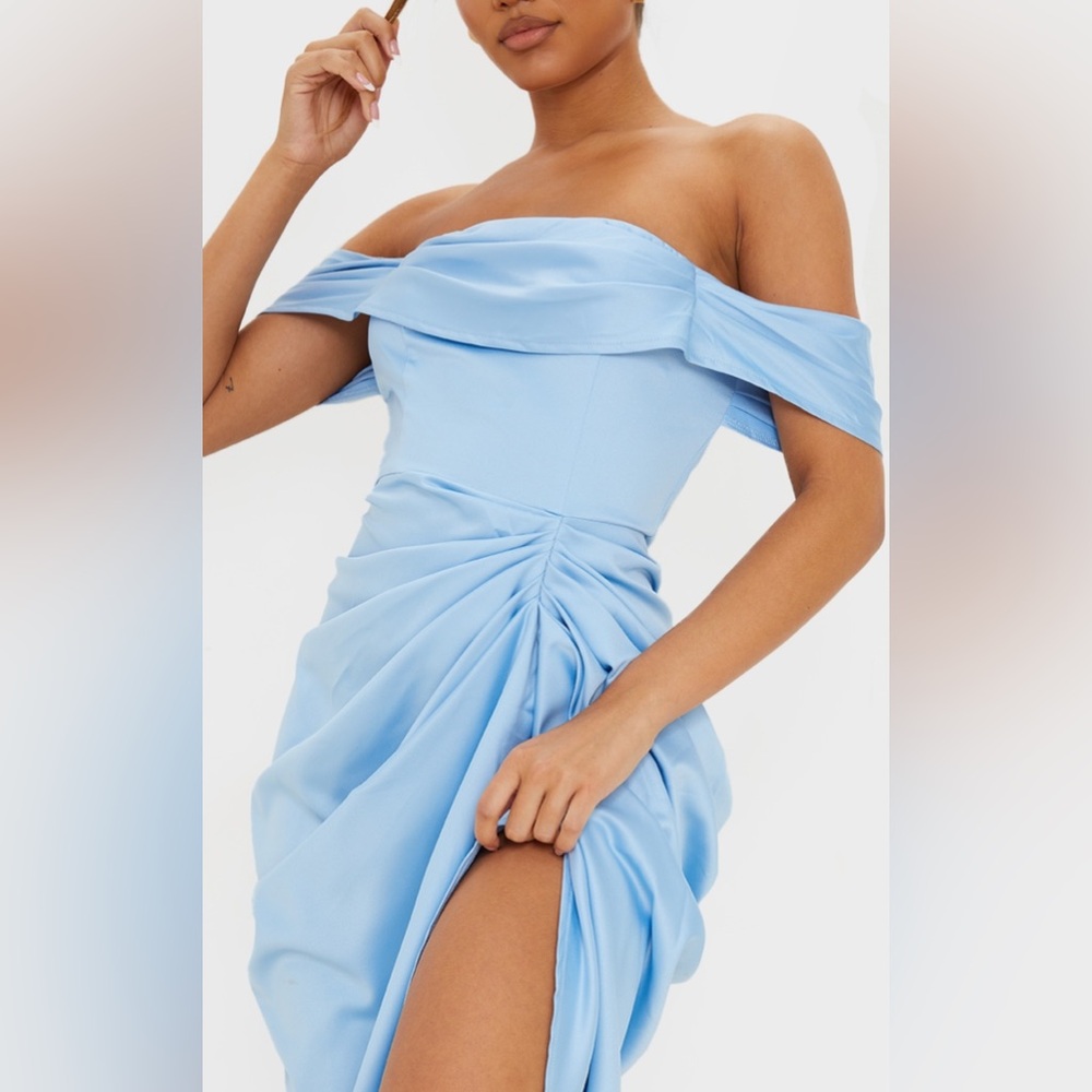 Blue satin draped bardot midi dress - Size 8 USA